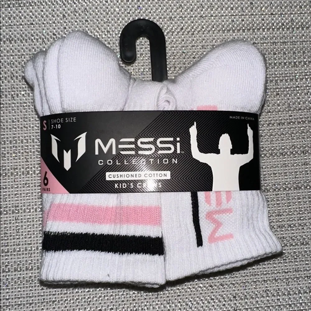 MESSI White Pink Black Boys Girls Big 10 Half Cushion Quarter Crew Socks